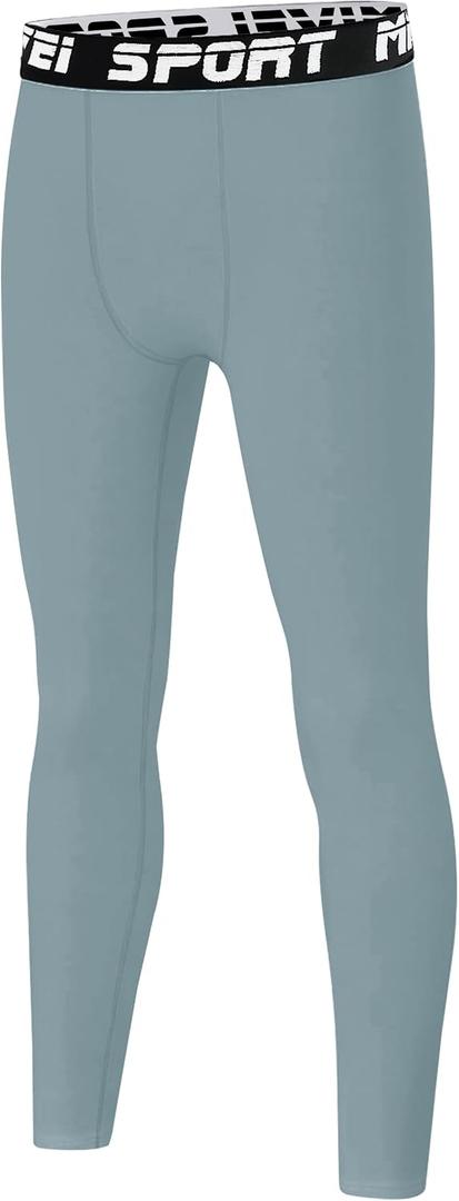 MIVEI Boys Youth Compression Leggings Athletic Sports Tights for Basketball Football Base Layer Pants for Kids Under Shorts (Gray, L)