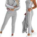 CHICME Women's Three Piece Outfits Striped Tape Patch Tank Tops Bomber Jacket with Sporty Pants Tracksuit Lounge Sets (Gray,Small)