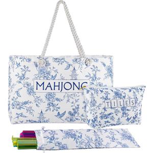 Empty Mahjong Bags Set for Tiles and Racks 24x13 Inch American Mahjong Carrying Bag Tote Tiles Bag Drawstring Protective Sleeve for Rack Pusher Party Travel, Case Only(Classic Chinoiserie), 24.0 x 13.0 x 4.7 inches / 61 x 33 x 12 cm
