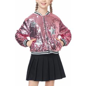 LOLANTA Girls Sequin Jacket, Long Sleeve Kids Bomber Coats with Pockets, Spring Fall Outfits for 4-15 Years (10-12, Pink)