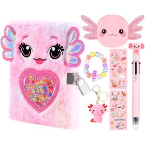 Axolotl Diary For Girls With Lock And Keys, Girl Journal, Girls Fuzzy Notebook Gift Set For Writing And Drawing,Lock Diary For Kids, Birthday Gift For Kids Ages 6-8