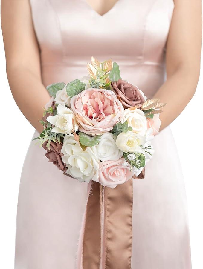 Ling's Moment Artificial Flowers Pink Bridesmaid Bouquet Set of 6, Blush & Cream Wedding Flowers Bouquets for Bridesmaids, 7 Inch Bridal Bouquets for Bridesmaids, Wedding, Ceremony, Anniversary, etc (Pk-dusty Rose & Cream)