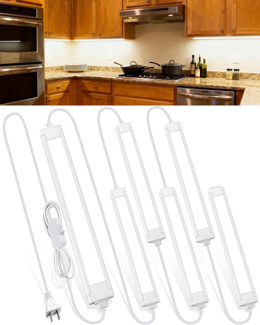6 Pcs 14-inch Plug-in Under Cabinet Lighting for Kitchen, 6500k Bright White Linkable LED Under Counter Wired Lights for Shelf/Bookshelf/Workbench/Over Sink