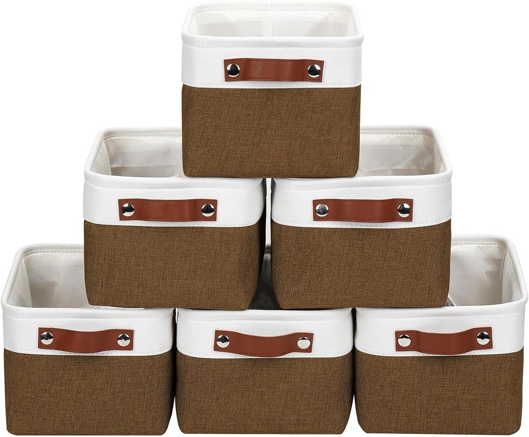 Small Storage Basksts with PU Handle - 12*8*6 inch Decorative Fabric Storage Bins, Foldable Linen Closet Cubes, Organizer Container for Home, Shelves, Nursery, Dorm, Gift (Brown&White)