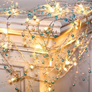 Mudder 30 LEDs Christmas Fairy Lights with Mistletoe Decoration Berry Beaded Garland for Christmas Home Indoor Decor (Blue, White)