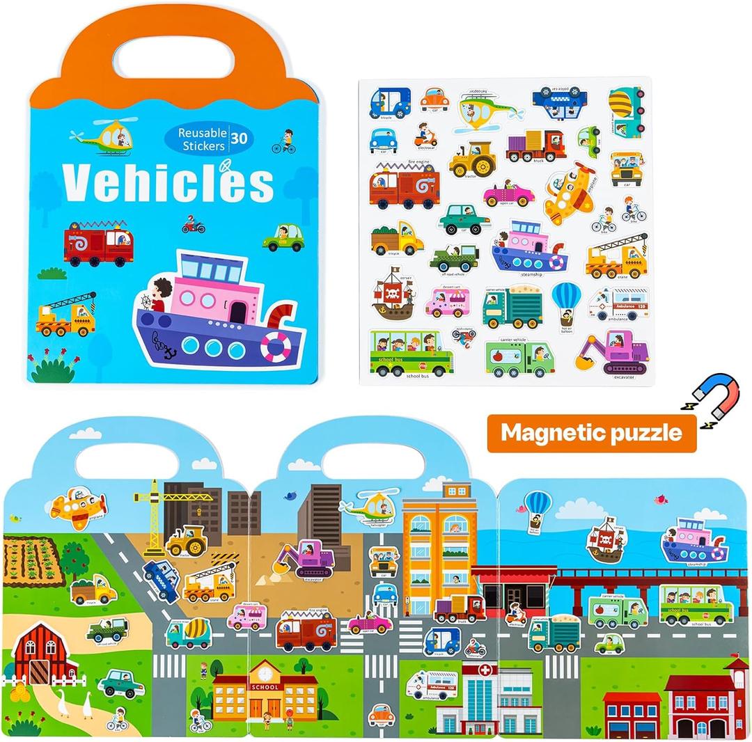 Magnetic Reusable Sticker Book for Kids Ages 3-6, Vehicles Truck with City Playboard Refrigerator Magnet Educational Learning Toys Travel Magnet Stickers Activity Books for Toddler Girls Boys Age 3+
