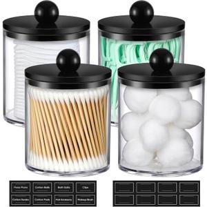 4 Pack Acrylic Qtip Holder Dispenser for Cotton Swabs, Balls, Pads, Floss - Plastic Canister Apothecary Jar Set, Bathroom Essentials Accessories Decor Vanity Makeup Storage Organizer - Clear & Black