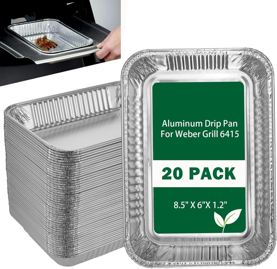 Grill Drip Pans Compatible Weber 6415-20 Pack Grill Accessories for Weber Spirit, Genesis, Traveler, Q Series, Disposable Aluminum Foil Pans Grease Tray Liners 8.5" X 6"