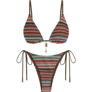 ZAFUL Crochet Bikini Sets for Women Cheeky Boho Bathing Suits Striped Brazilian High Cut Thong Bikini Swimsuit for Vacation, Medium