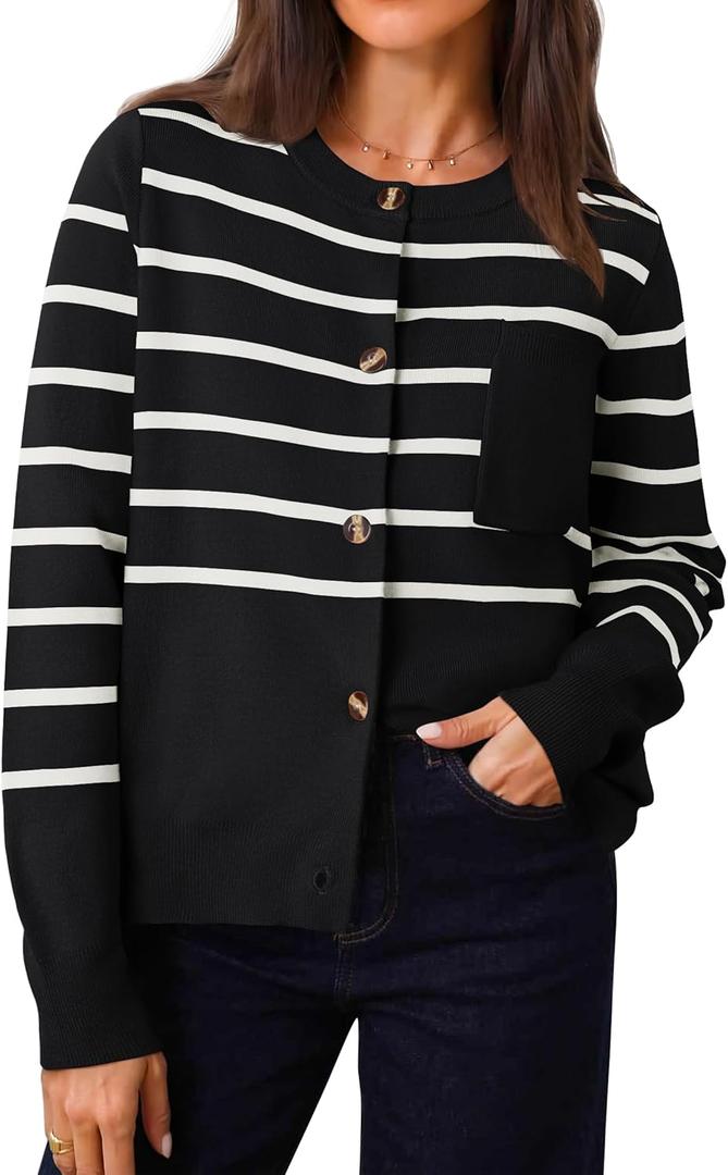 ZESICA Women's Striped Cardigan Sweaters Fall 2025 Long Sleeve Open Front Button Down Knit Outerwear Coat Trendy Clothes (Black, M)