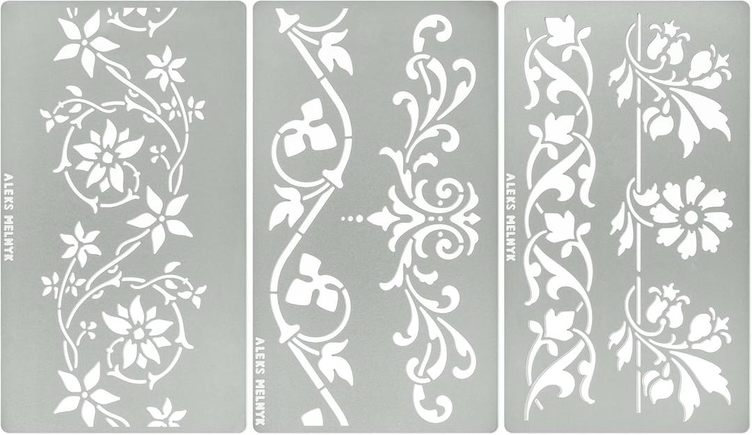 Aleks Melnyk No.510 Metal Stencils, Swirls, Ornaments, Flowers Vine, Patterns, Border, Small Stencils, 3 PCS, Templates for Wood Burning, Engraving, Crafting, Scrapbook, Art, Ornate