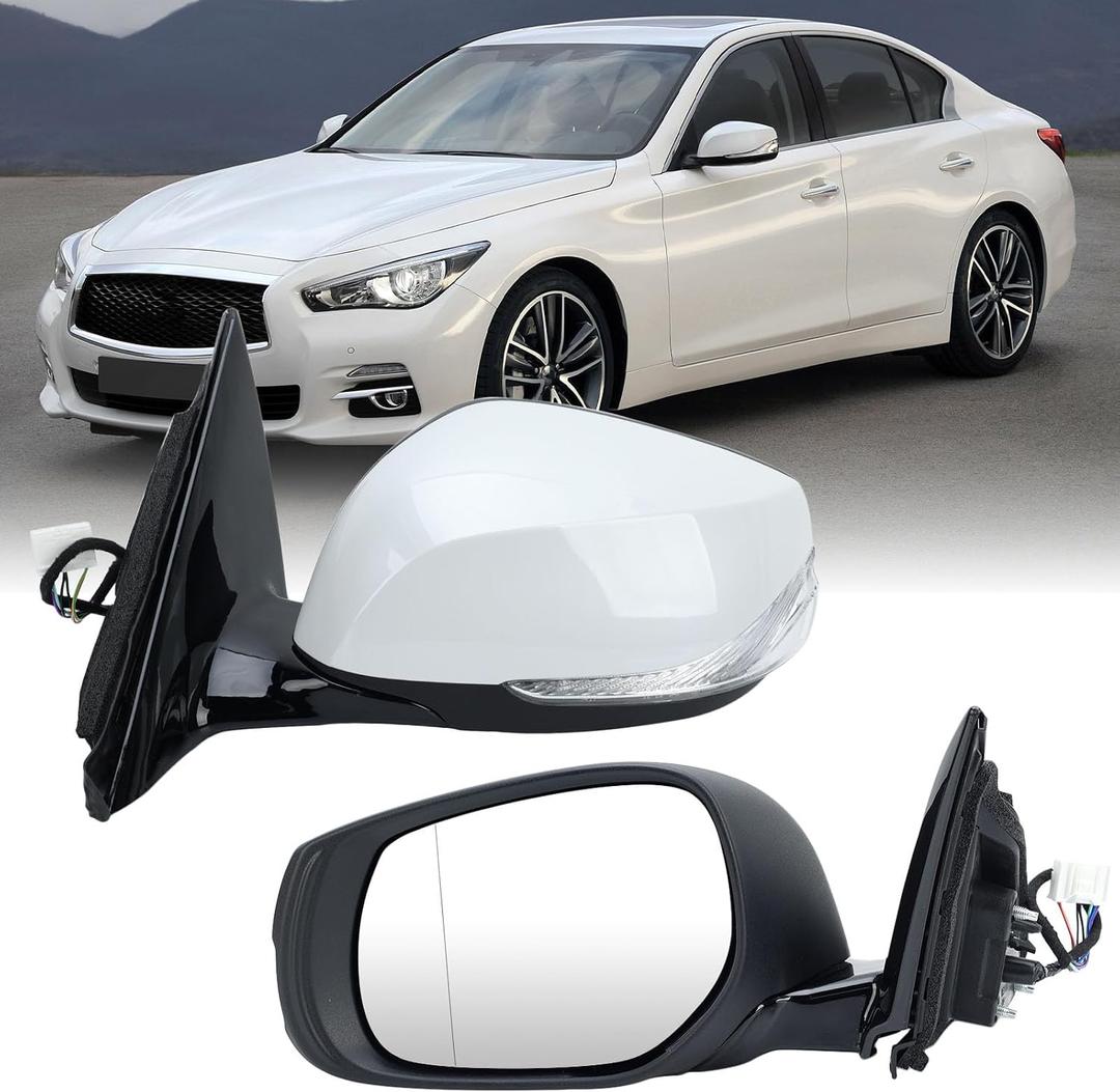 Left Driver Side Mirror Compatible with Infiniti Q50 2014-2021 Heated Power Glass Manual Folding Turn Signal Indicator 7 Pins Replace IN1320129 | 963024HB0A (Pearly White)