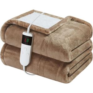 Electric Heated Blanket Throw Size 50''x60'' Soft Flannel & Sherpa Electric Blanket with 10 Heating Levels, Automatically Shut Down After 8h with Overheat Protection Machine Washable (Camel)