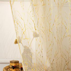 Deeprove Cream Sheer Curtains 84 inchs Long 2 Panels Set, Tree Branch Gold Foil Print Metallic for Bedroom Abstract Christmas Decor,Ivory Voile Window Treatment Drapes Pair, Rod Pocket, W52 x L 84" 