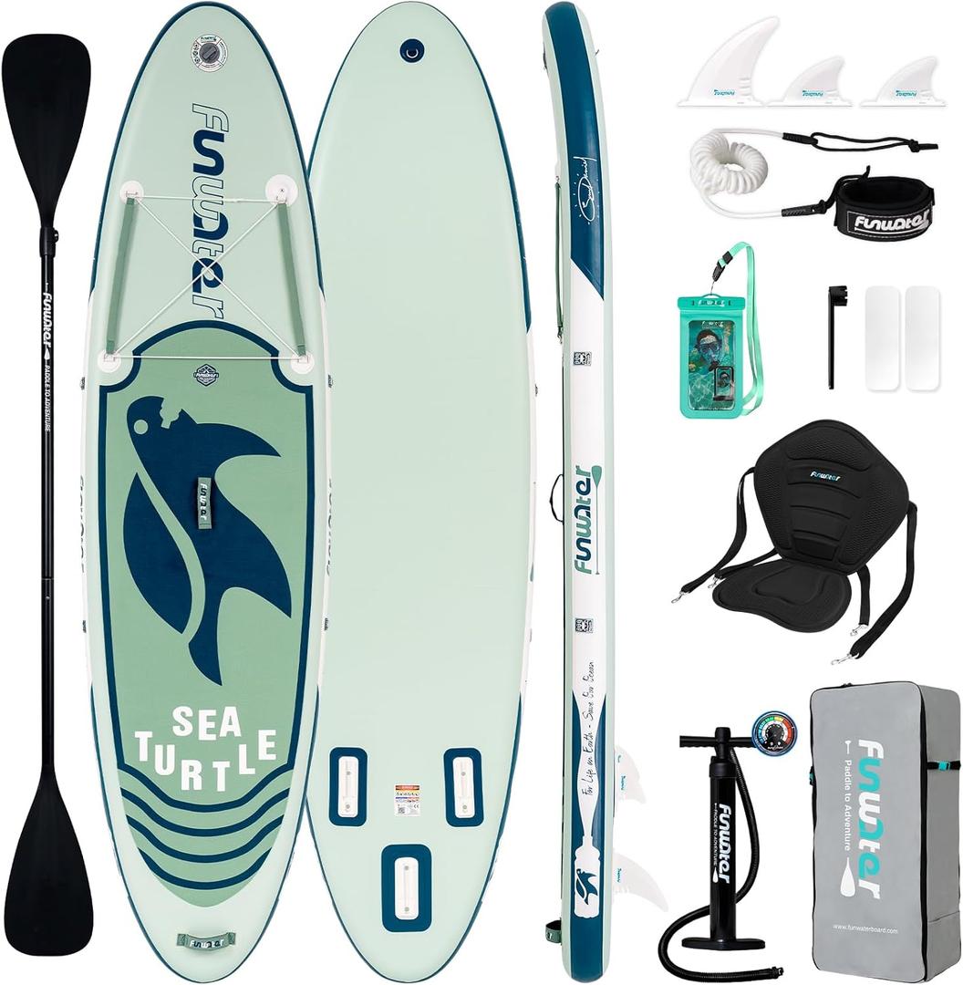 FunWater Inflatable Stand Up Paddle Board with Premium SUP Paddleboard Accessories, Anti-Slip EVA Deck, 11'/10'6'' Paddle Boards for Adults & Youth of All Skill Levels (Green Turtle)