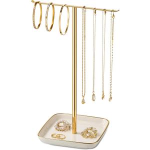 Pickpiff Necklace Holder Stand with Ceramic Base: 12" Jewelry Tree Display Organizer for Necklaces, Bracelets, Rings, Earrings, Tall Gold Stand for Women, Aesthetic Room Dcor (5.8" Base, White)