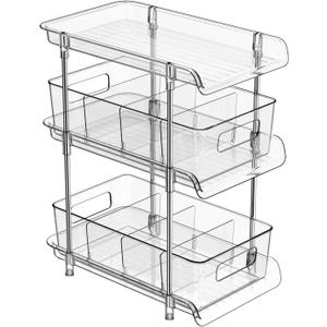 3 Tier Clear Bathroom Organizer with Dividers, Multi-Purpose Pull-Out Pantry Organization and Storage, Under Sink Closet Organizers and Storage, Vanity Skincare Cosmetic Organizer Medicine Bins