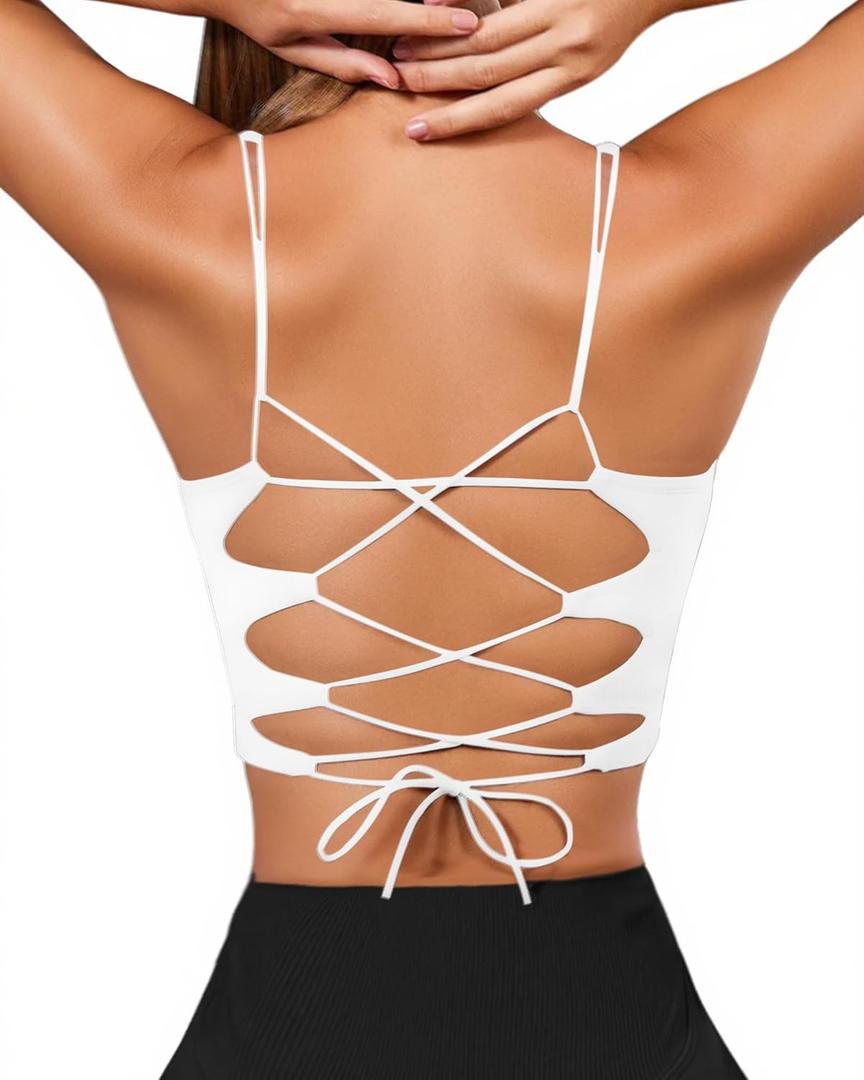 XUNYU Strappy Sports Bras for Women High Support Longline Workout Tops Built in Bra Cross Yoga Crop Tank Top Padded (White, M)