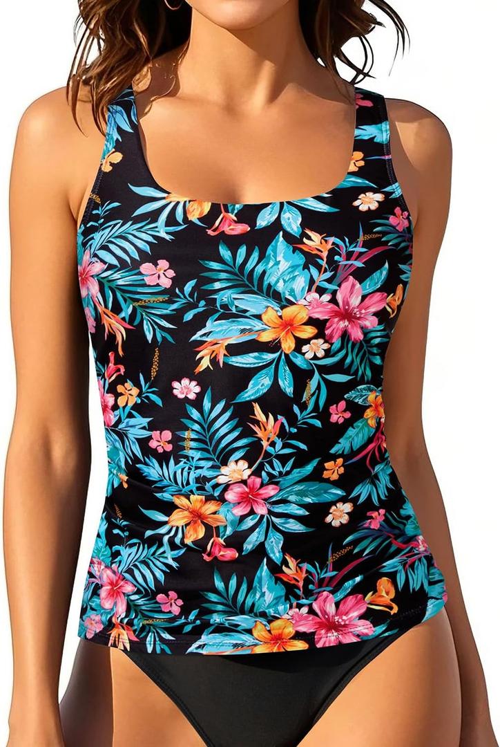 Aqua Eve Tankini Tops for Women Swimwear Top Only Tummy Control Bathing Suit Top No Bottom (Medium, Black Floral)