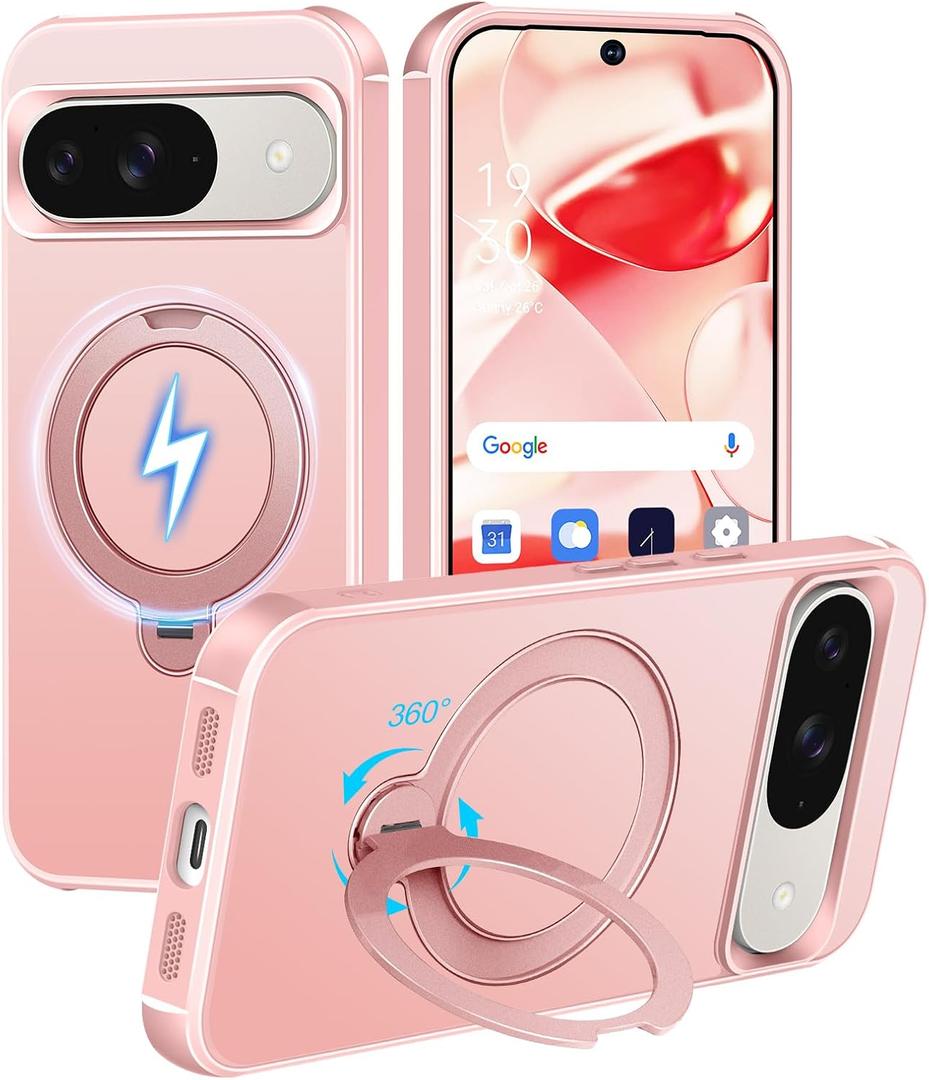 HuwaiH 360 Rotatable Magnetic Ring Stand for Google Pixel 9/9 Pro/10/10 Pro Case, Compatible with MagSafe, Military-Grade Shockproof, Anti-Scratch Matte Translucent Phone Case(Pink)