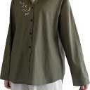 Minibee Women's Cotton Linen Button Down Shirts Long Sleeve Embroidered Blouses Casual Loose Fit Tunic Tops (Green, XXL)