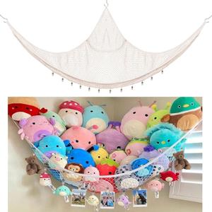 Kangaroo Stuffed Animal Storage Hammock, Corner Hanging Toy Organizer, Stuffed Animal Storage | Easy to Hang Plushie Net - Included Anchors & Hooks | for Toy Room, Nursery Bedroom & Home Decor (White) (cream)