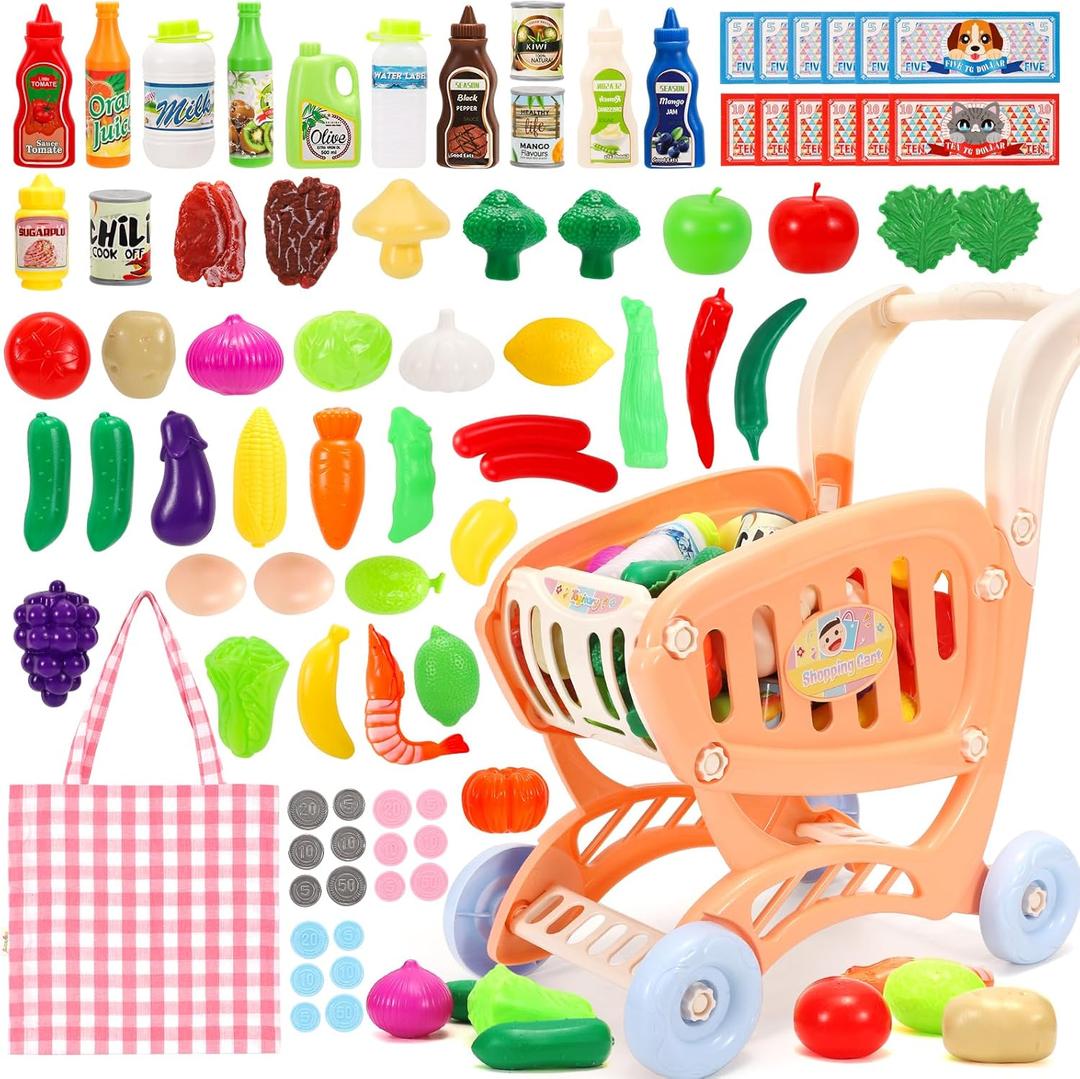 Tagitary Shopping Cart Toy for Kids,82 PCS Toddler Play Grocery Cart with Shopping Bag,Included Pretend Plastic Food Veggies,Play Money Cash and Coins, Learning Toys Play Kitchen Accessories for Kids