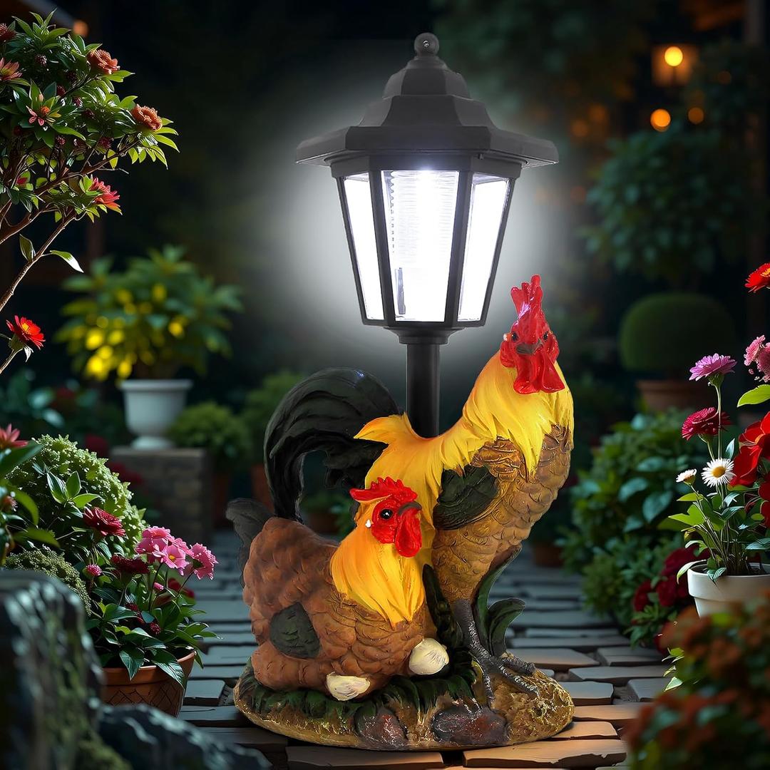 Solar Rooster Decor Outdoor, Chicken Figurines Decorations with Lantern for Outside Patio Yard Backyard Gifts for Mother's Day Birthday Housewarming