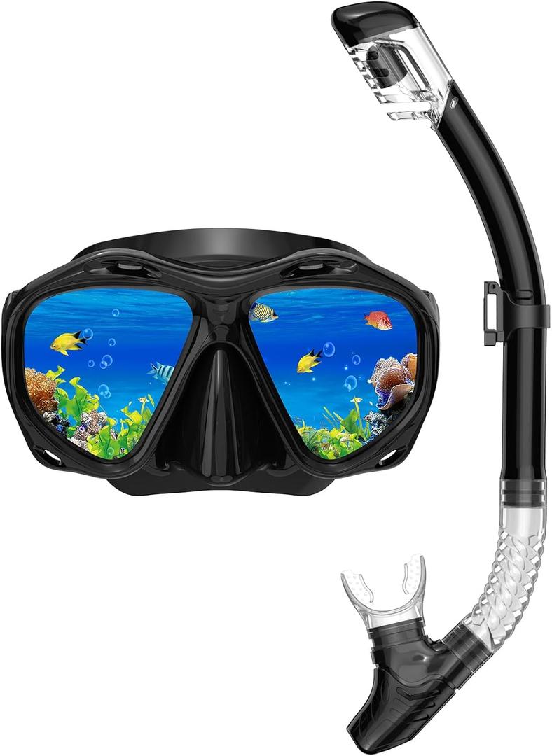 Snorkeling Gear for Adults, Dry Top Snorkel Mask Set, Diving Scuba Mask, Swimming Goggles with Nose Cover, HD Tempered Glass Panoramic Swim Freediving Anti-Leak Anti-Fog Travel Packages (Black 1 Piece)