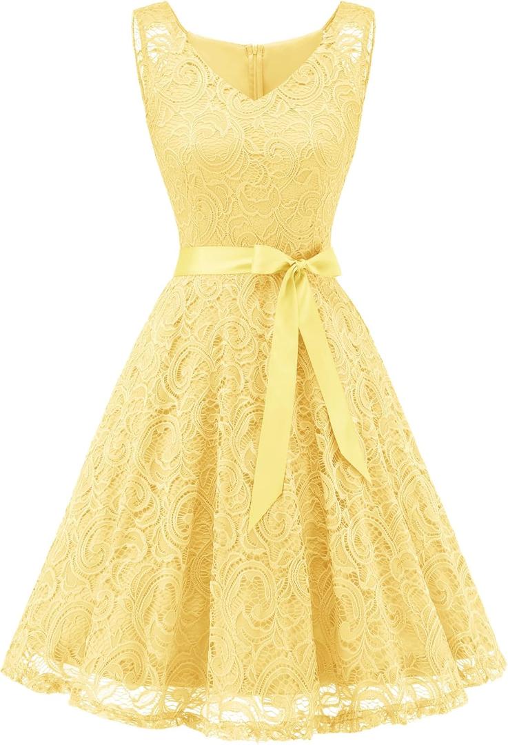 Dressystar Women Floral Lace Bridesmaid Party Dress Short Prom Dress V Neck (Yellow, Medium)