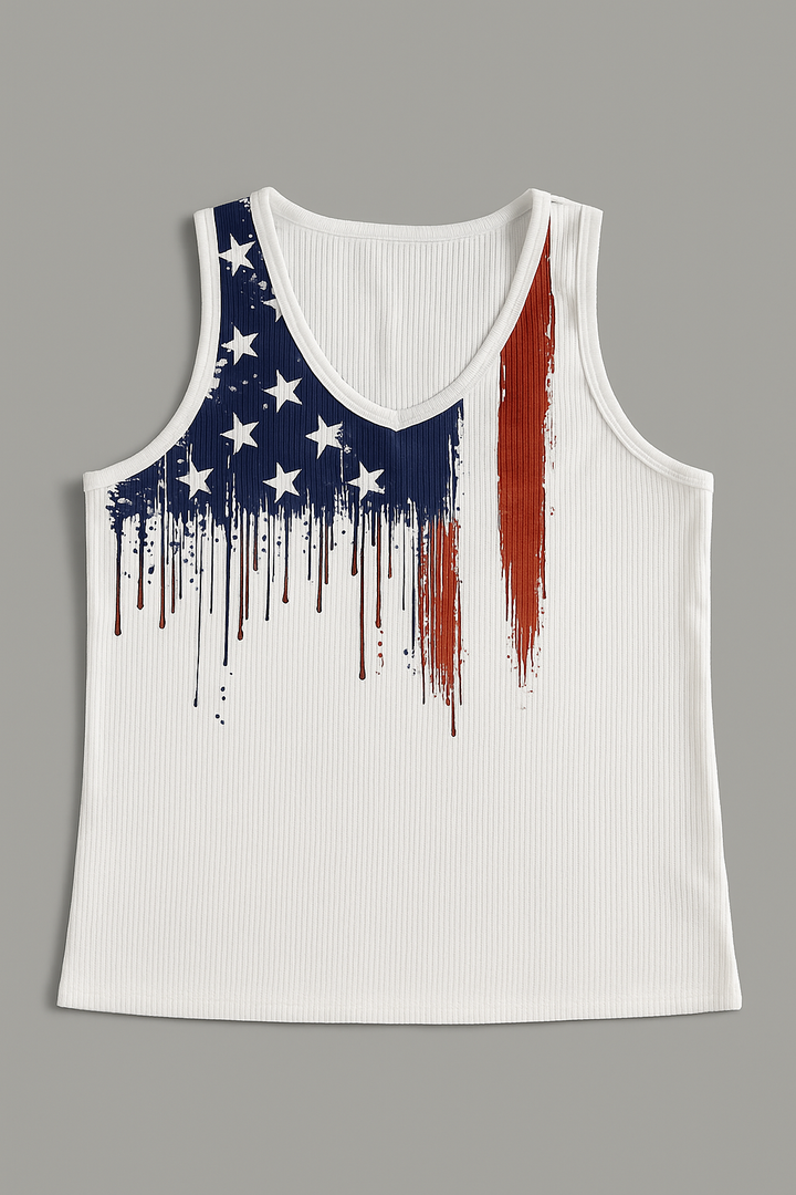 Womens American Flag Button V-Neck Tank Coloful Printed Sleeveless Patriotic Shirts Summer Tops (Large)