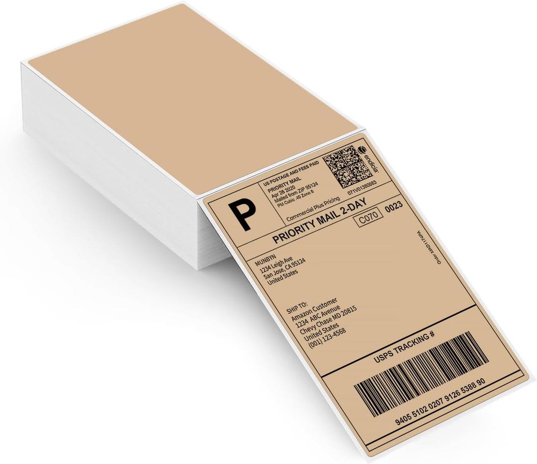 MUNBYN Brown 4"x6" Direct Thermal Shipping Labels, Commercial Grade Permanent Adhesive Fanfold Mailing Postage Label Paper for Thermal Printers and Packages, 220 Sheets per Stack