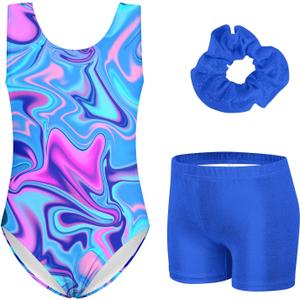 Vogseek Gymnastics Leotard for Girls in 3D Print Marbling Ballet Dance Clothes 11-12T Tumbling Light Blue Gymnastics Outfit Cover-up Shorts Activewear