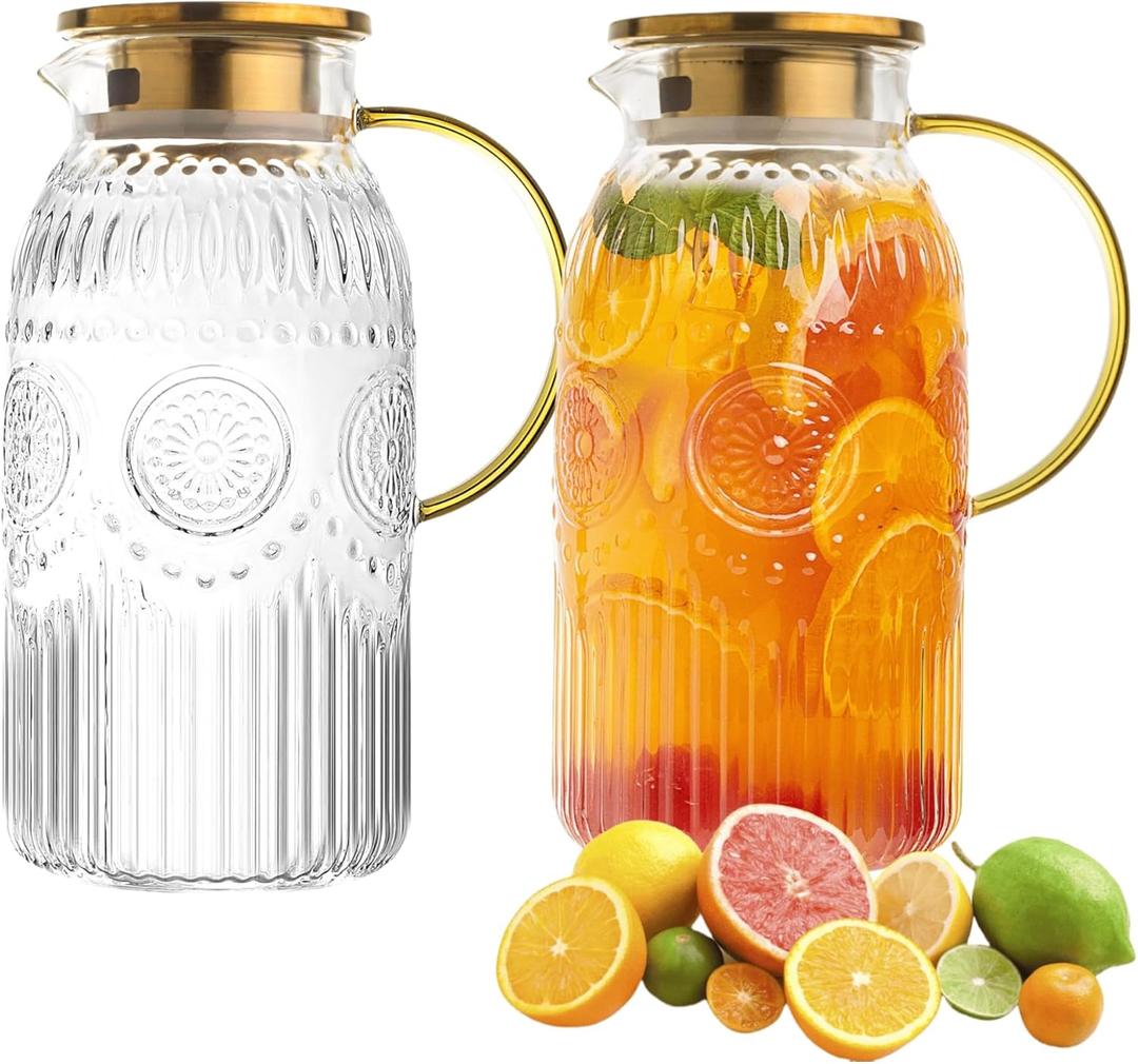 Amzcku Glass Pitcher with Lid, 68 oz/ 2 Liter 2Pack Vintage Water Pitcher,Glass Water Carafe for Cold Brew, Coffee, Lemonade, Iced Tea,Beverage, Heat Resistant Jug