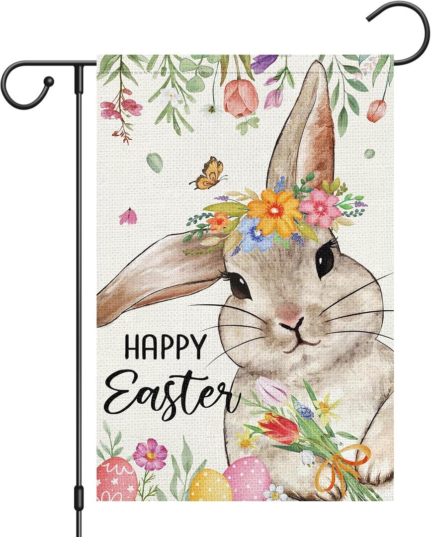 Heyfibro Happy Easter Bunny Garden Flag 12x18 Double Sided Burlap, Floral Wreath Rabbit with Spring Flowers & Decorative Eggs Yard Banner for Holiday Farmhouse Yard Outdoor Decor(ONLY FLAG)