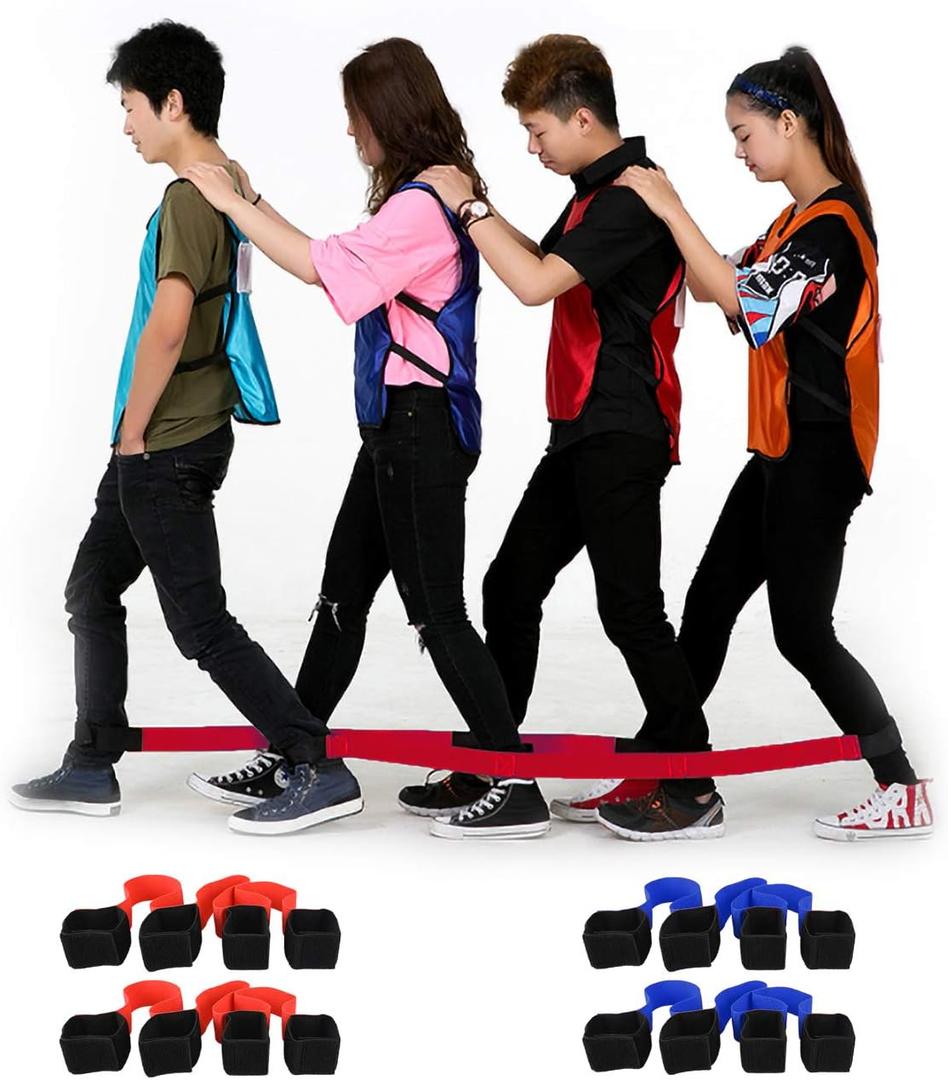 Three Legged Race Bands, 2 Sets, Team Building, 3 Legged Race Bands, Outdoor Party Group Game for Kid Adult, Cooperative Team Race for Birthday Party, Relay Race, Field Day, Backyard Activity Game (For 8 peopleRed&Blue, Red Blue)