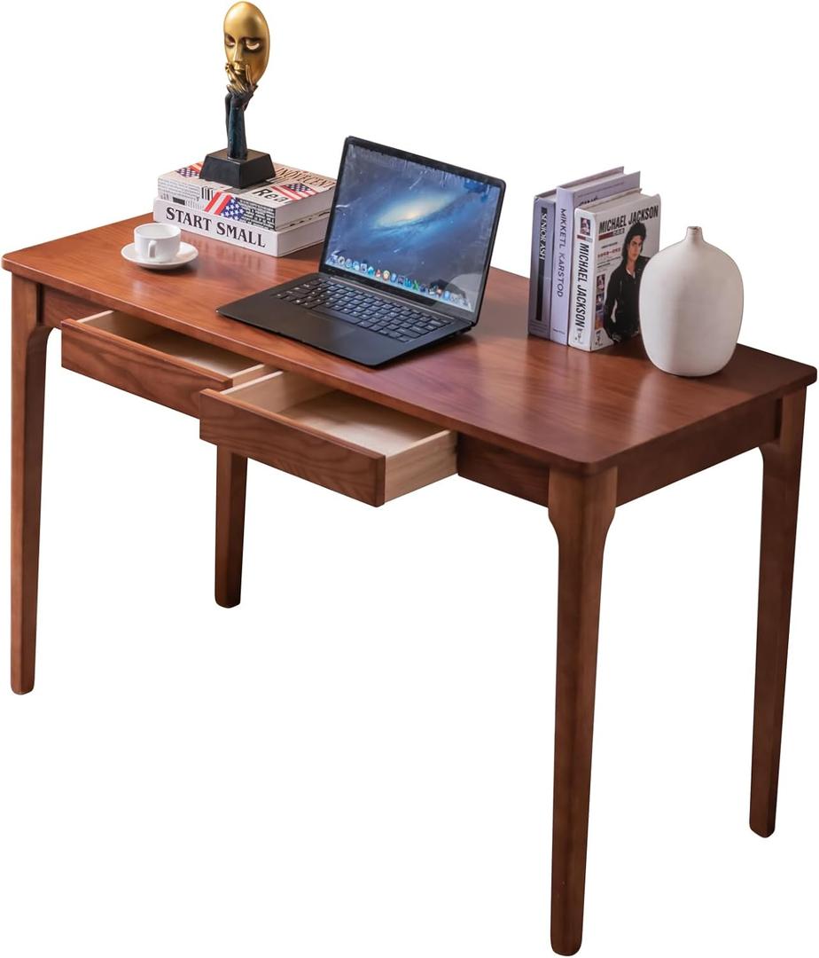 Solid Wood Desk with Drawers, Home Office Desk for Small Spaces, Gaming Work Study Desk, Student PC Desk for Bedroom, Easy to Assemble (Cherry Color, 47.2 inch)