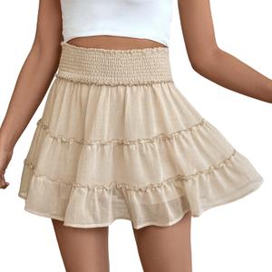 FEOYA Womens Ruffle Skirts High Waisted Flowy Elastic Boho Mini Skirts A Line Summer Chiffon Sports Skorts Built-in Shorts Beige (M)