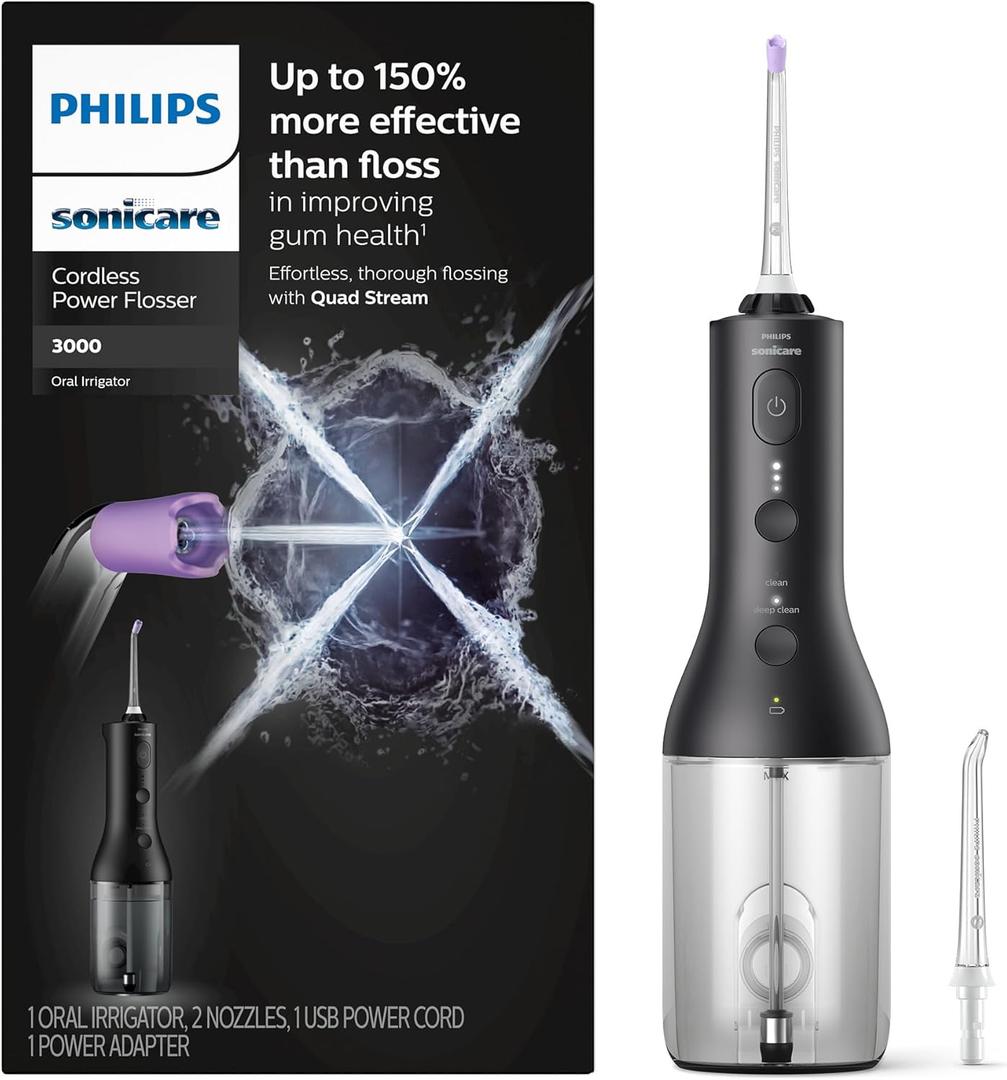 Philips Sonicare Cordless Power Flosser 3000, Water Flosser with Innovative Quad Stream Technology, Oral Irrigator with 2 Flossing Modes and 3 Intensity Levels, Ergonomic Design, Black, HX3826/23 (1 Count (Pack of 1), New Black)