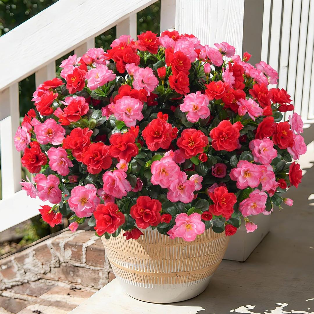 Artificial Faux Outdoor Flowers Plants for Spring Summer Decoration, Fake Silk Camellia UV Resistant Look Real for Planter Outside Front Door Porch Patio Balcony, 3 Large Bundles (Melon Red+Red)