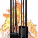 FEED GARDEN Fireplace Tools Set 5 Pieces, 30 Inch Modern Wrought Iron Outdoor Fireplace Accessories Set Long Holder Indoor with Poker, Tongs, Shovel, Brush, Base Black