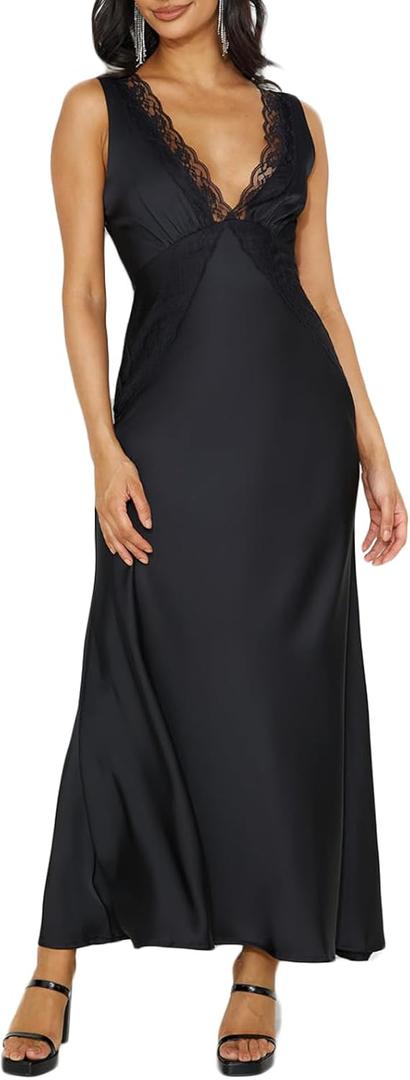 BAGONE Summer Satin Lace V Neck Backless Wedding Guest Maxi Dresses for Women Elegant Sleeveless Open Back Cocktail Dress (Black, M)
