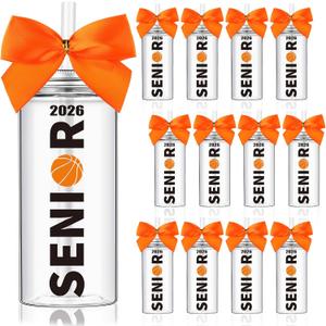 Skylety 12 Pack Basketball 2026 Senior Night Gifts Tumbler Cups with Lid and Straw Bow Decorated 13.5 oz Plastic Cup Basketball Senior Night Gifts Clear Reusable Cups Water Bottles for Sports Team