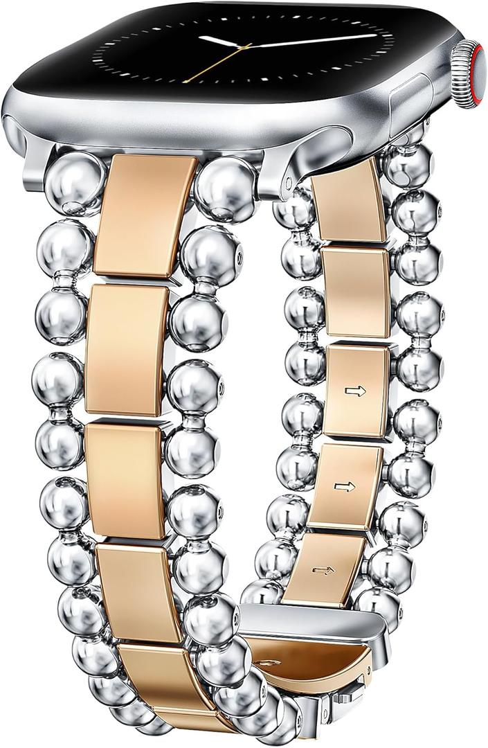 TOYOUTHS Beaded Bracelet Compatible with Apple Watch Bands 38/40/41/42/44/45/46/49mm Women, Dressy Fancy Stainless Steel Metal Elegant Jewelry Strap for iWatch Series 11 10 9 8 7 6 5 4 Ultra/SE 3 2 1 (Silver/Rose Gold)