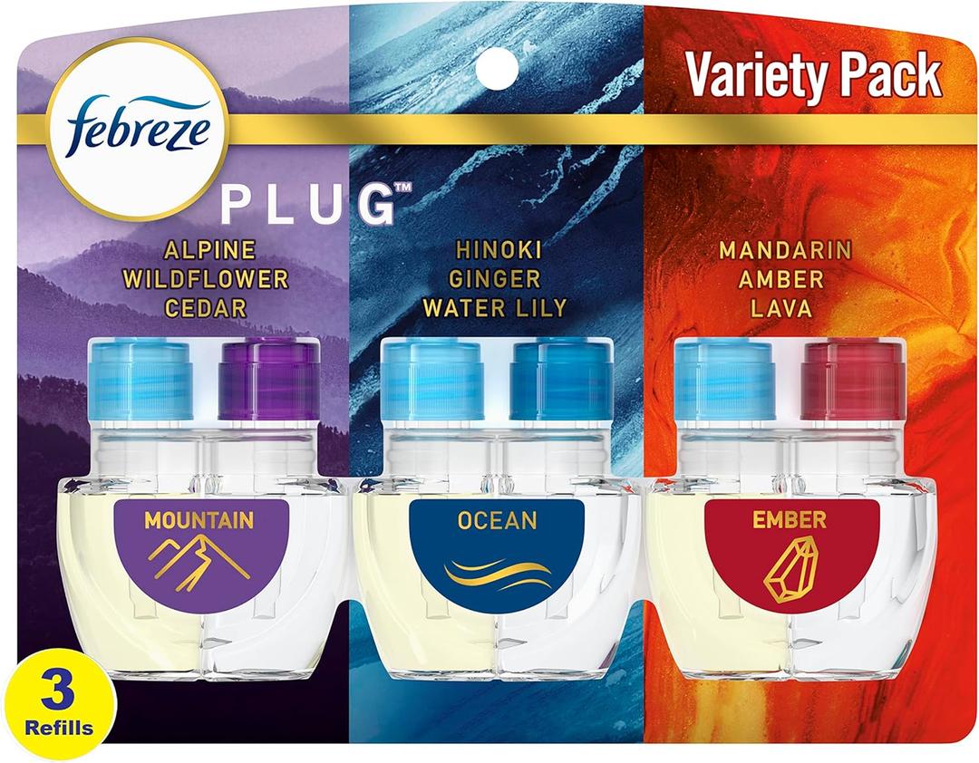 Febreze Plug In Air Freshener, Odor-Fighting Scented Oil Refill, Air Fresheners for Home and Bathroom and Kitchen, Long Lasting for Strong Odors, Moutain/Ocean/Ember Mix, 0.87oz Refills, 3 Count