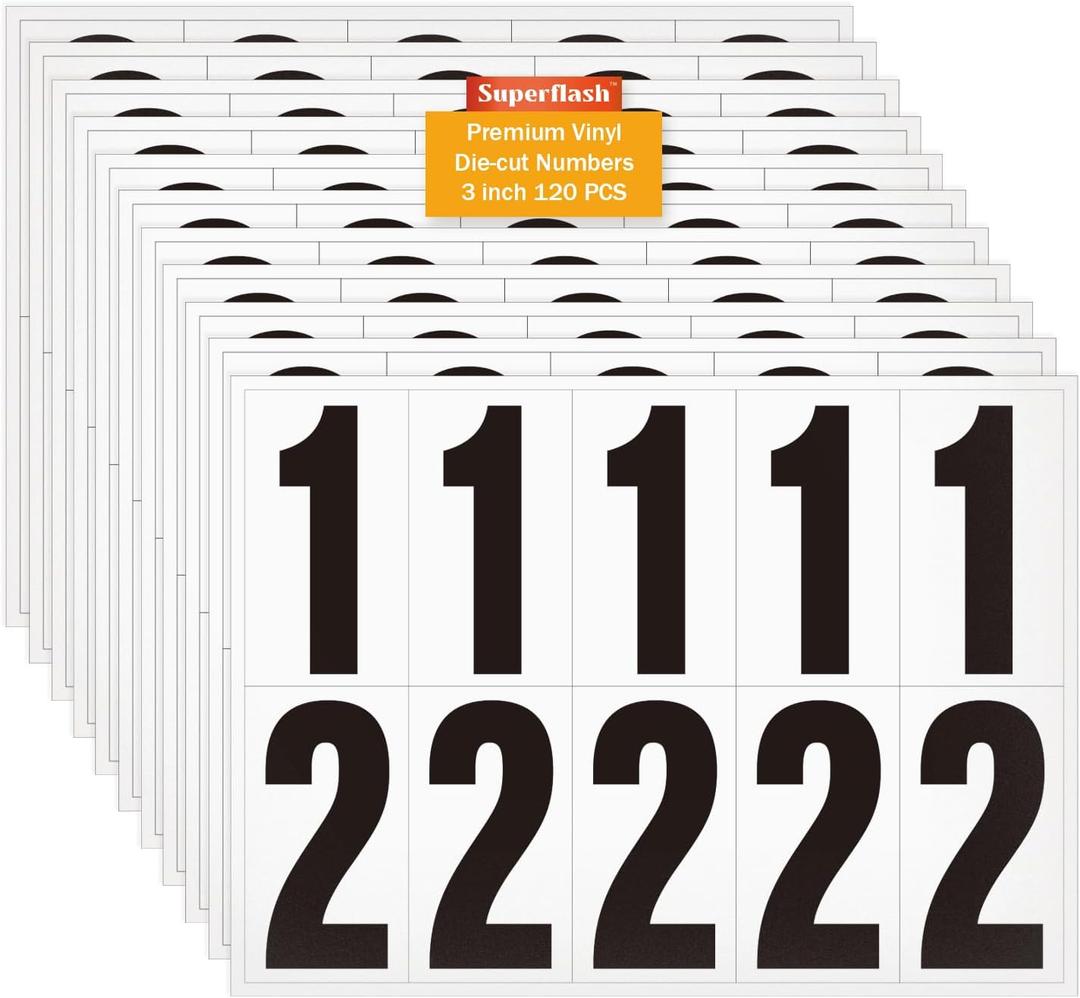 3 inch Adhesive Numbers for Mailbox, Vinyl Reflective Mailbox Number Stickers, 120 Pcs Self Adhesive Number Decals, Pre Spaced Number Signs, for Outside, House, Trash Cans Decal , Cars, Door (Black/White)