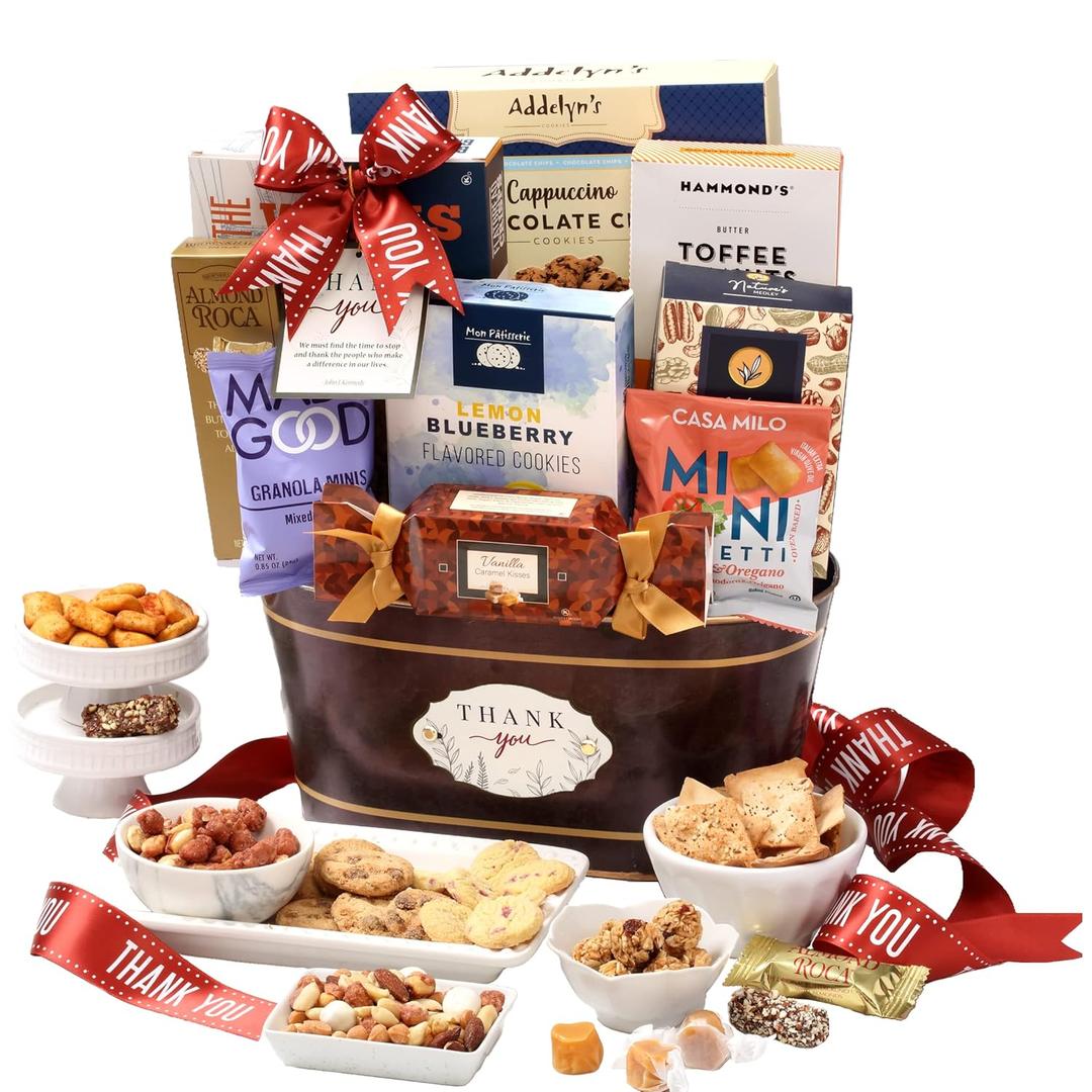 Broadway Basketeers Thank You Gift Basket Send Your Appreciation with This Beautiful Display Basket. Enjoy the Large Assortment of Sweets and Savory Treats, Perfect for Mom Dad Friends