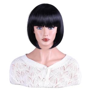SOUTHSKY Black Short Straight Wig with Fringe Flat Bob Style Heat Resistant Fiber Synthetic Wig for Women Party Halloween Costumes Cosplay 30cm/ 12"