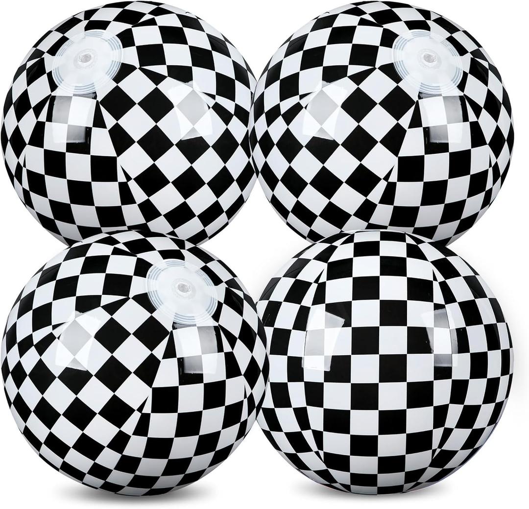 4 Pack Black and White Beach Balls 11.8" Checkered Flag Themed Inflatable Beach Ball Bulk Race Car Birthday Party Supplies for Summer Pool Party End of The Year Decoration Favor