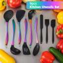 Silicone Cooking Utensils Set, 9Pcs Kitchen Utensil Set with Stainless Steel Handle, Heat-Resistant Silicone Utensils for Cooking, Non-Stick Spatula Set with Spoons, Turners, Ladle (Rainbow)